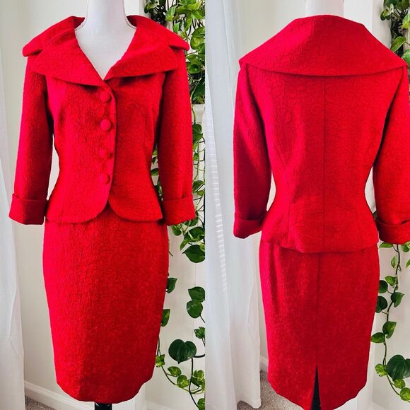 Maggy London Red Textured Secretarycore Skirt & Blazer Suit Set Size 4 - Picture 1 of 9